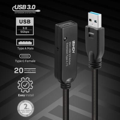 20m USB 3.0 Type A to C Active Extension